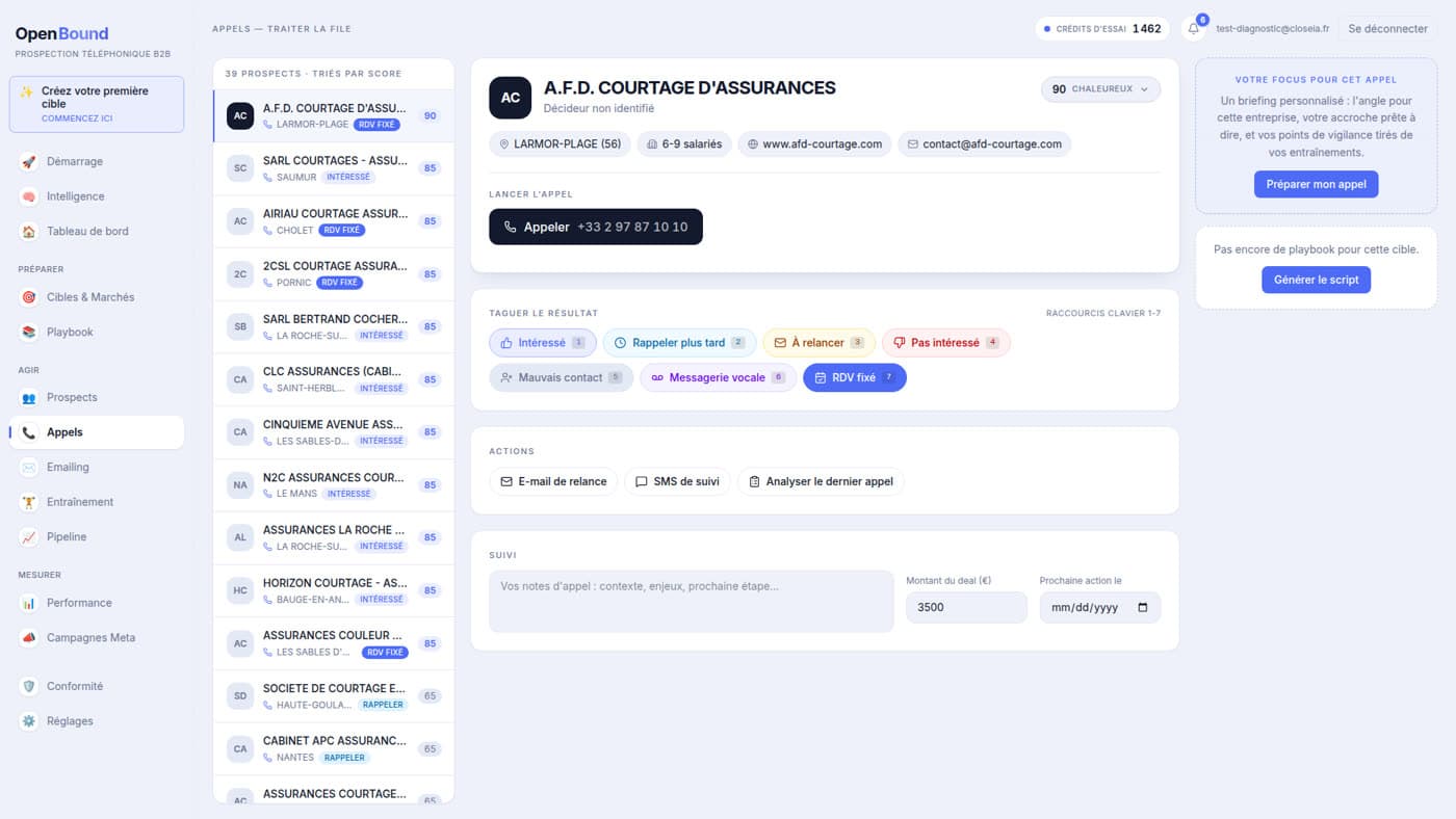 Écran Appels OpenBound avec coaching