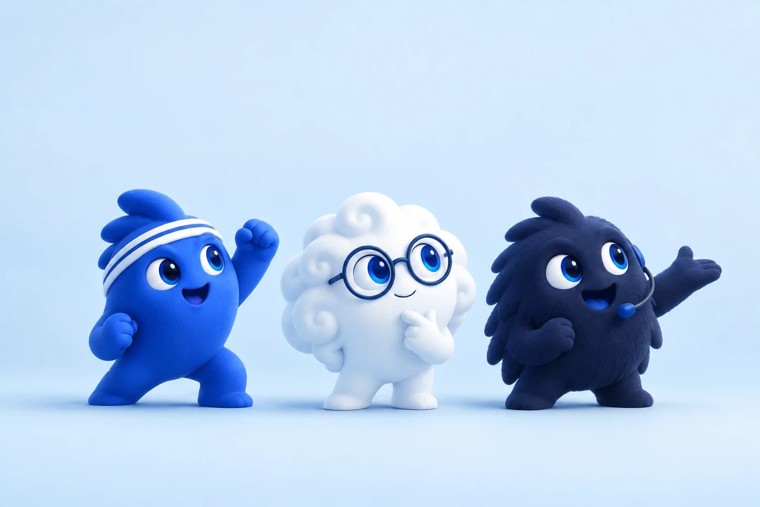 Les nouveaux équipiers : COACH avec un bandeau blanc, BRAIN avec des lunettes et VOICE avec un microphone.