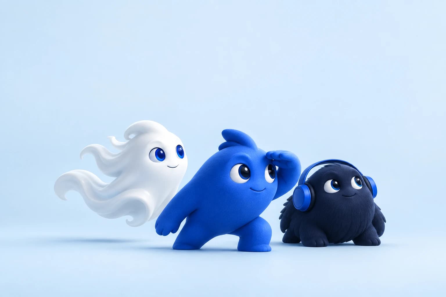 Les trois mascottes OpenBound : GHOST, un fantôme blanc, HUNTER, un éclaireur bleu, et ECHO, une créature bleu nuit avec un casque.